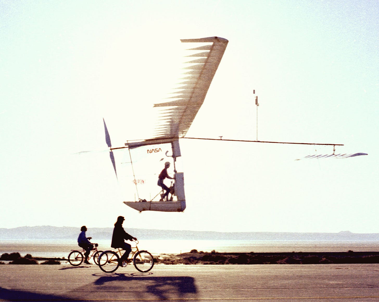 The Gossamer Albatross II on a test flight at NASA's Dryden Flight Research Center in Edwards, California.